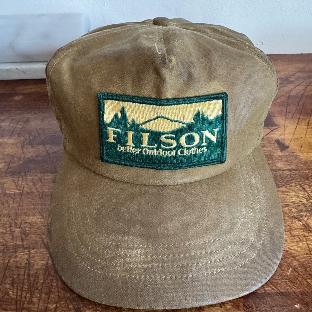 Vintage Filson Cap Dark Tan Khaki Oil Tin Cloth Leather Snap back